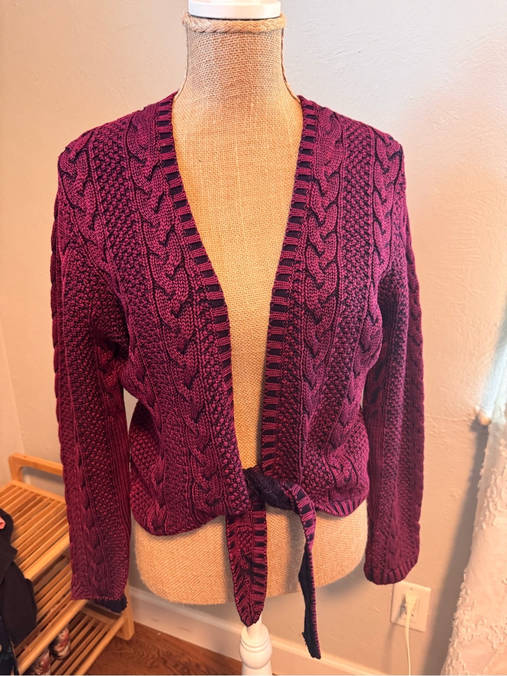 The Territory Ahead Cable Knit Tie-Front Cardigan in Plum